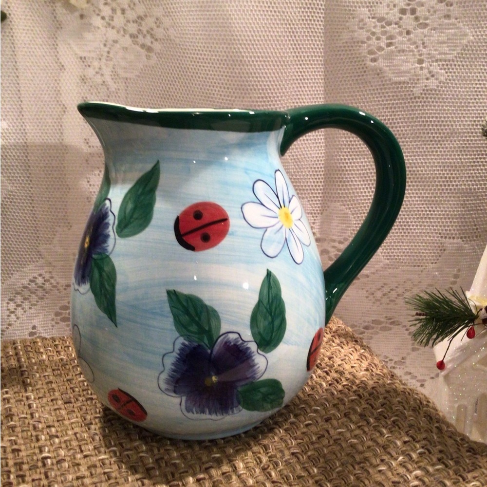 WCL Pastel Blue Pitcher With Pansies Flowers and Lady Bugs Vintage
